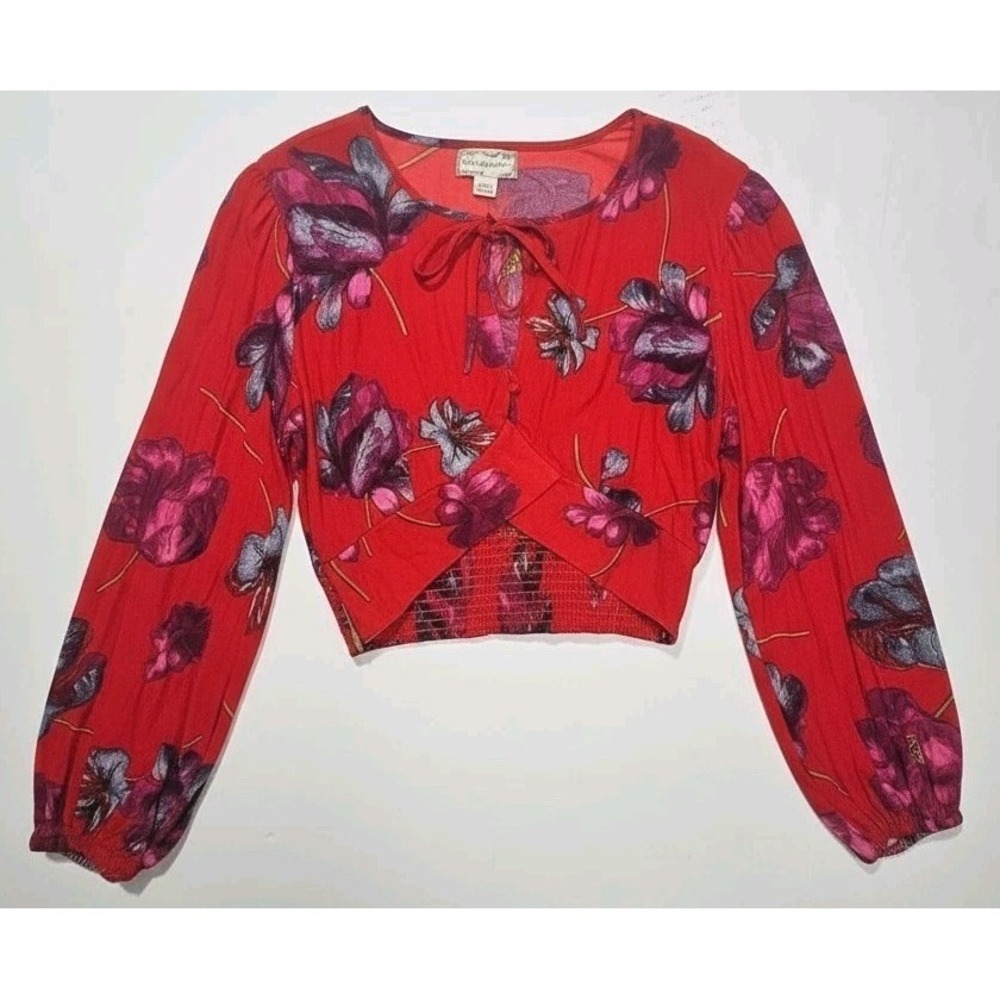 BAND OF THE FREE Floral Crop Top Tie Front Red Purple Women's Large